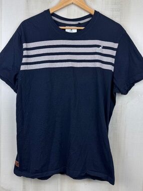 Kangol Men’s Short Sleeve Cotton T-Shirt Navy Blue Gray Stripes Leather Tag XL